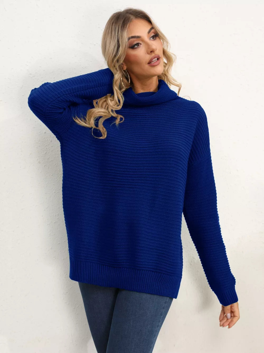 Slit Turtleneck Dropped Shoulder Sweater (29)