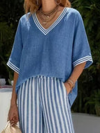 Full Size Striped V-neck Top Wide Leg Pants Set Plus (2)