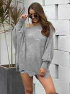 Full Size Boat Neck Lantern Sleeve Openwork Knit Top (22)
