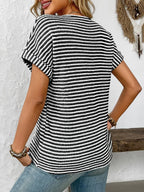 Striped Notched Short Sleeve T-shirt (25)