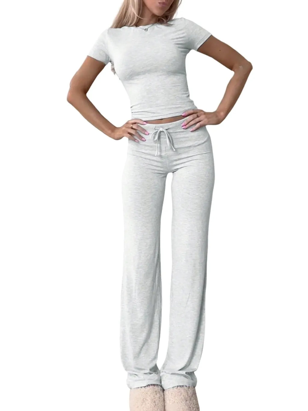 Round Neck Short Sleeve Top Pants Set (2)