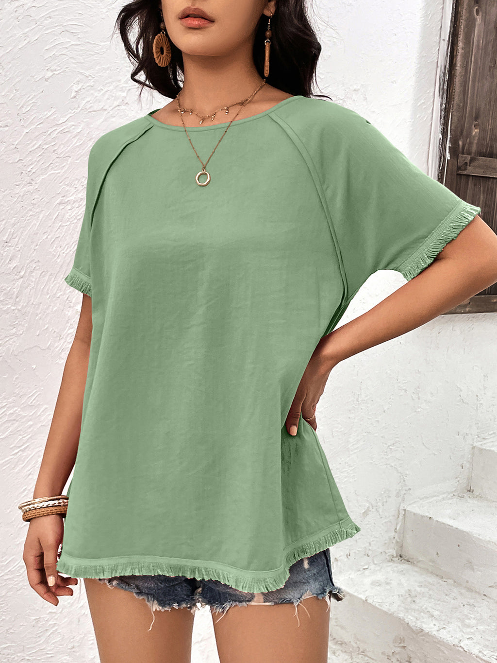 Round Neck Raglan Sleeve Fringe Detail Top (3)