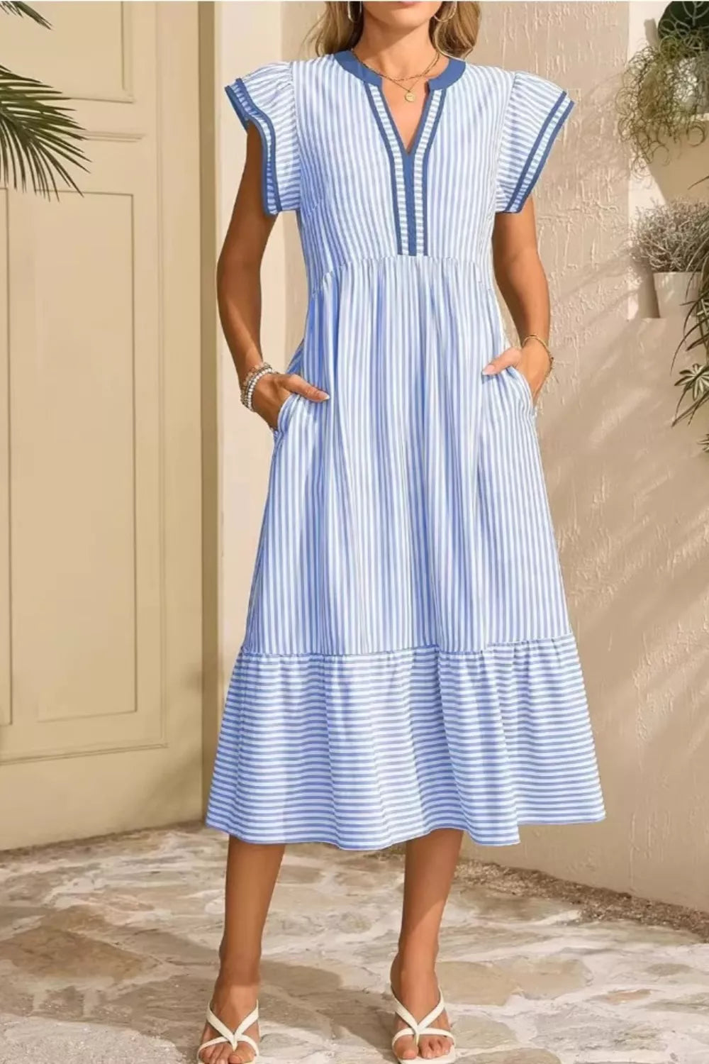 Striped Ruffle Sleeve Midi Dress (10)