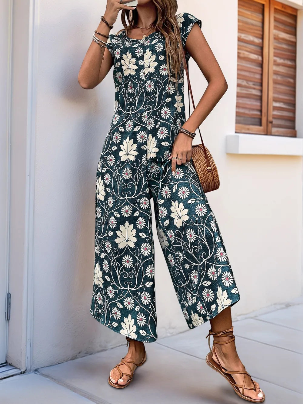 Printed Round Neck Cap Sleeve Wide Leg Jumpsuit (19)