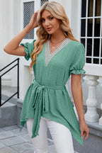 Swiss Dot Tie Waist Flounce Sleeve Blouse (14)