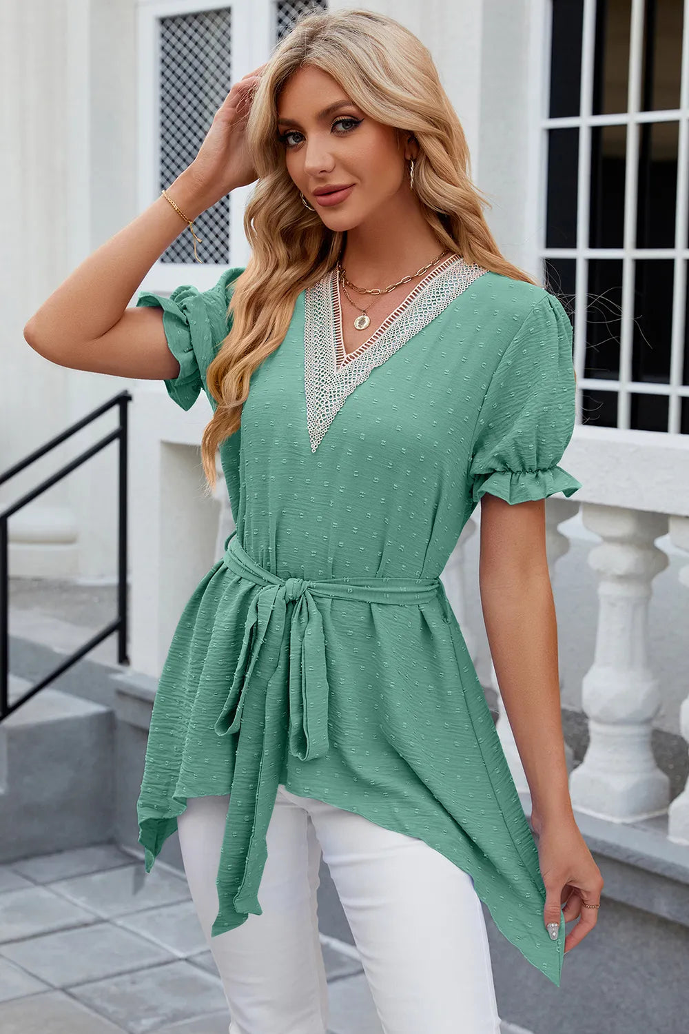 Swiss Dot Tie Waist Flounce Sleeve Blouse (14)