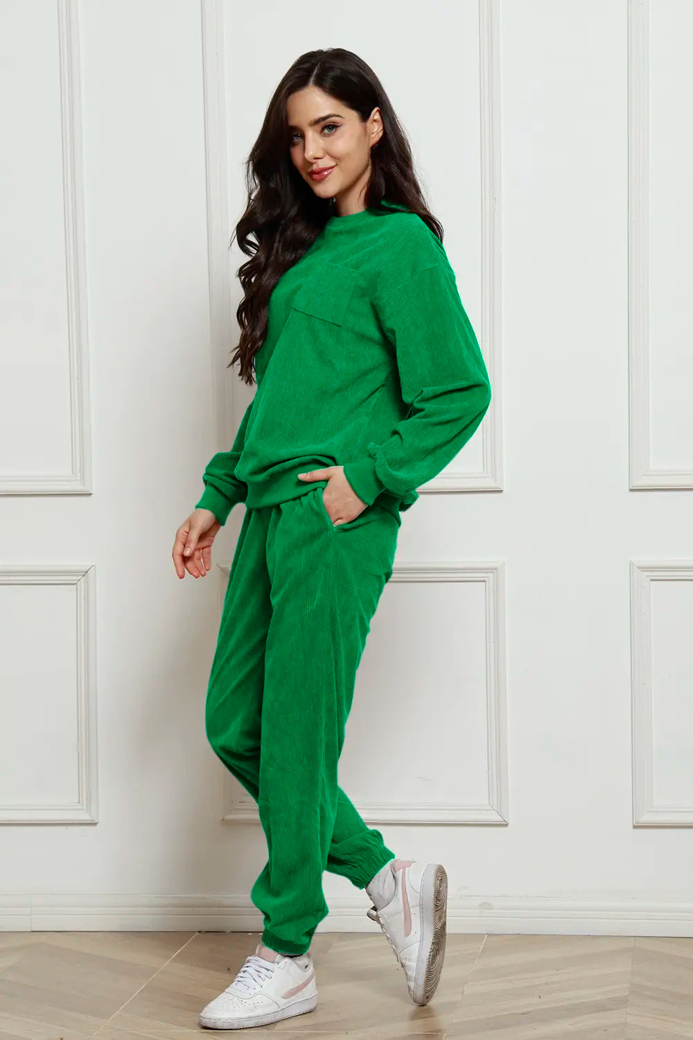 Corduroy Round Neck Sweatshirt Sweatpants Set (11)