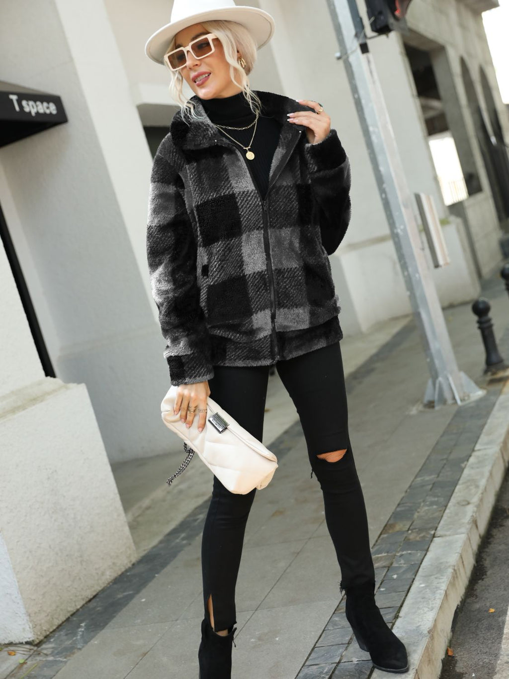 Plaid Zip-up Collared Jacket (10)