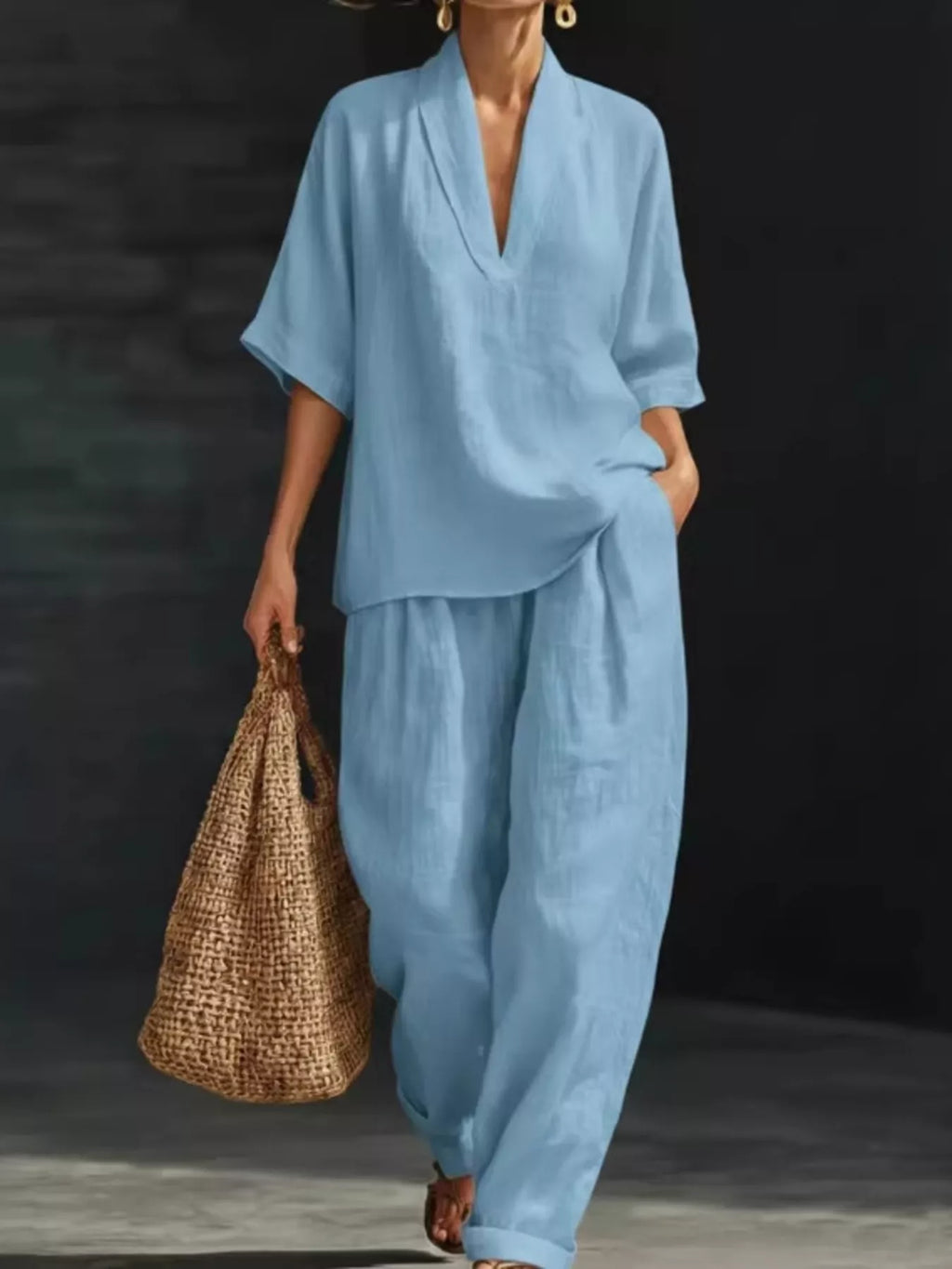 Full Size Half Sleeve Top Wide Leg Pants Set Plus