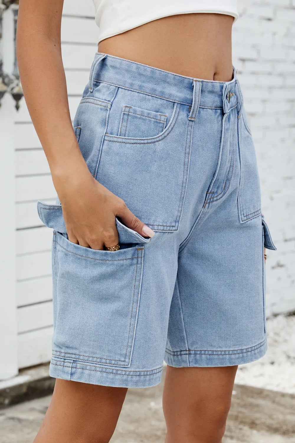 High Rise Denim Shorts Cargo Pockets (6)