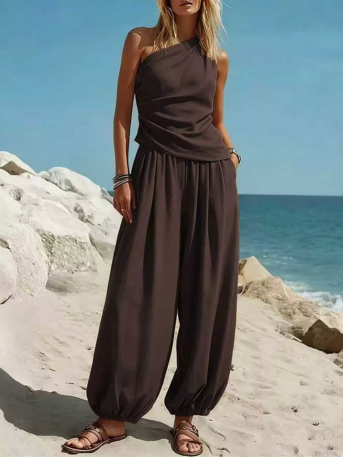 Full Size One-shoulder Top Wide Leg Pants Set Plus (16)