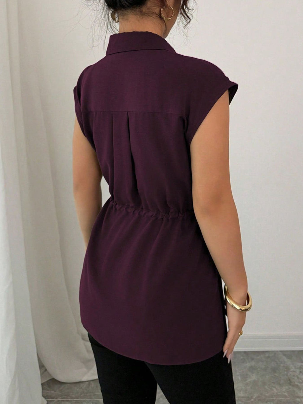 Drawstring Waist Cap Sleeve Shirt (20)