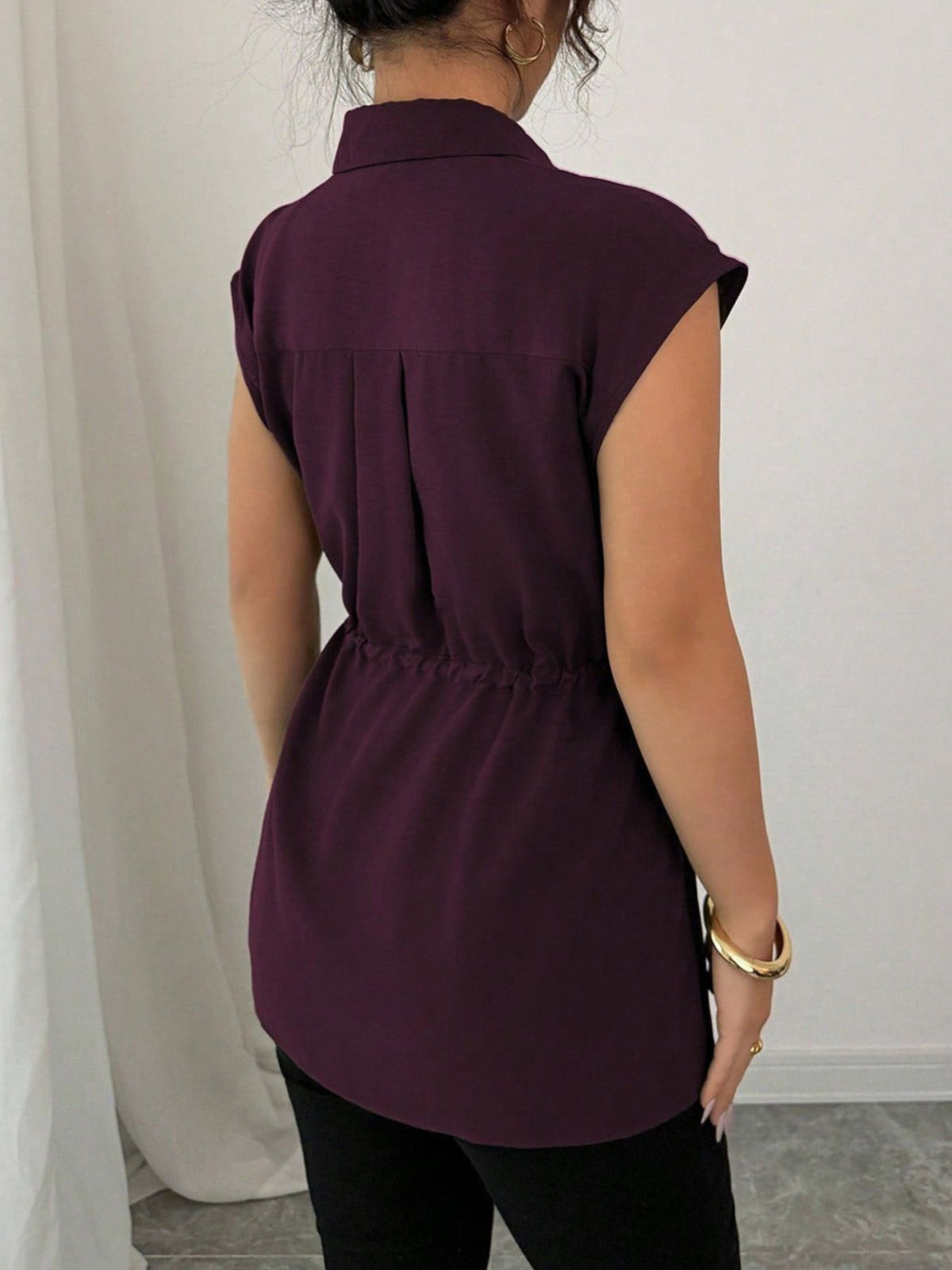 Drawstring Waist Cap Sleeve Shirt (20)