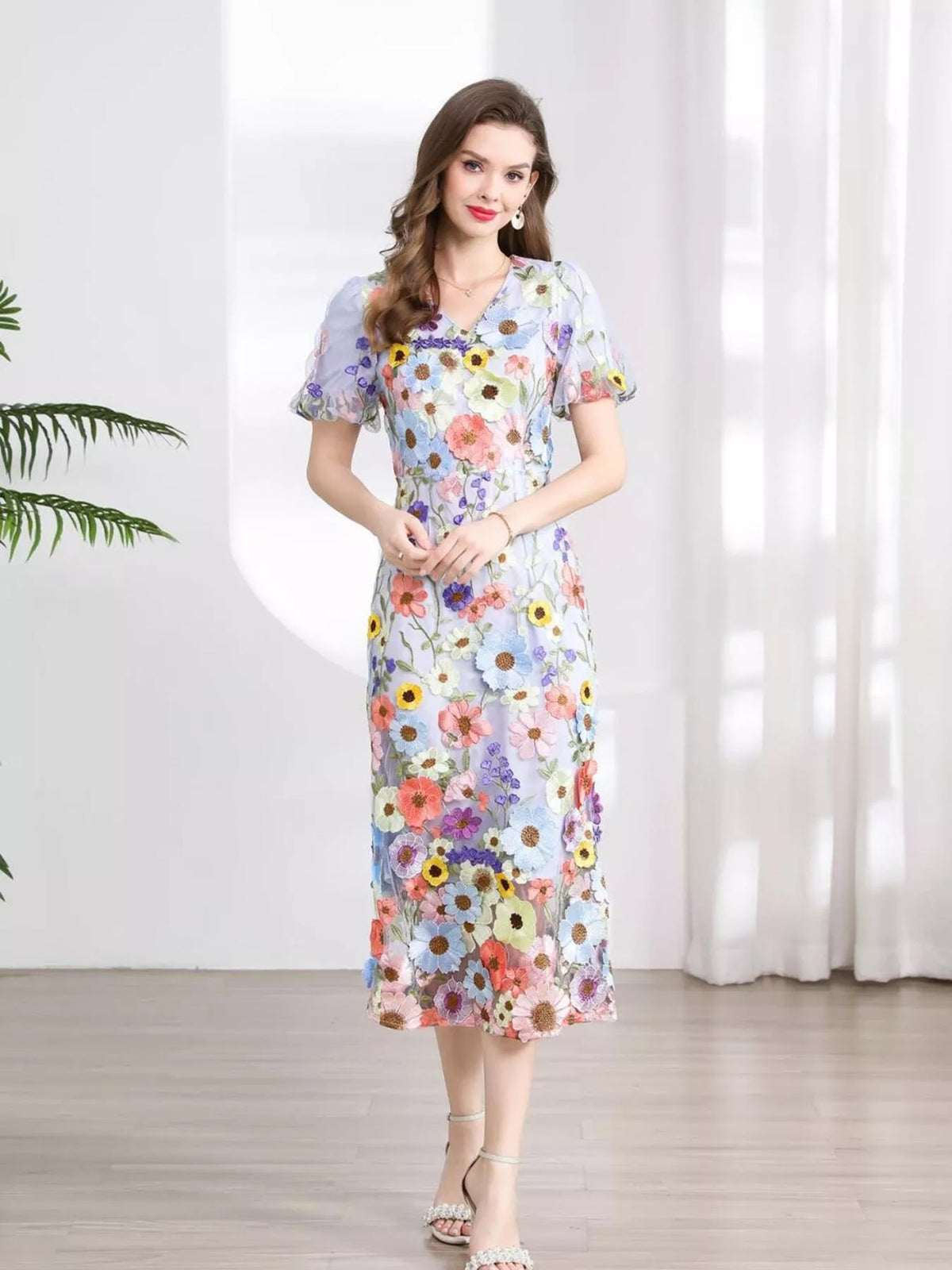 Floral Embroidered Puff Sleeve Midi Dress (12)