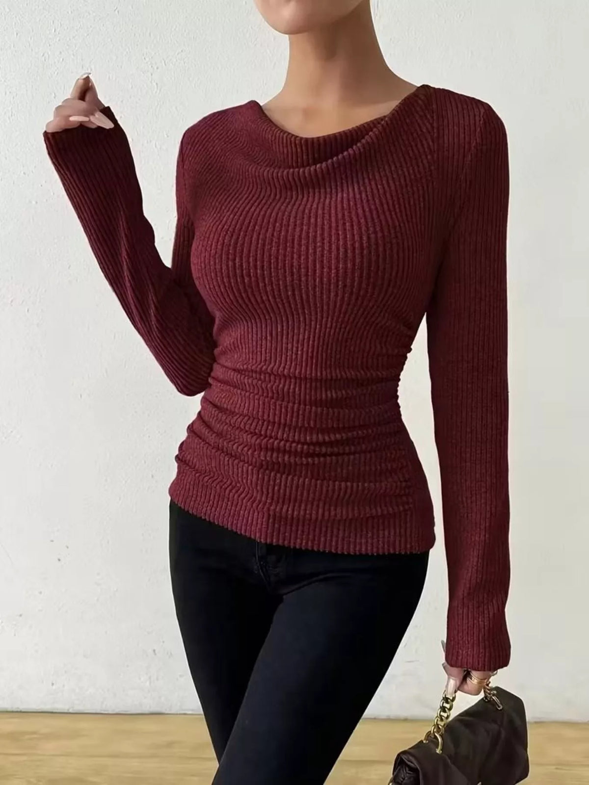 Cowl Neck Ribbed Knit Top (8)