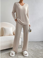 Ribbed Knit Long Sleeve Top Pants Set