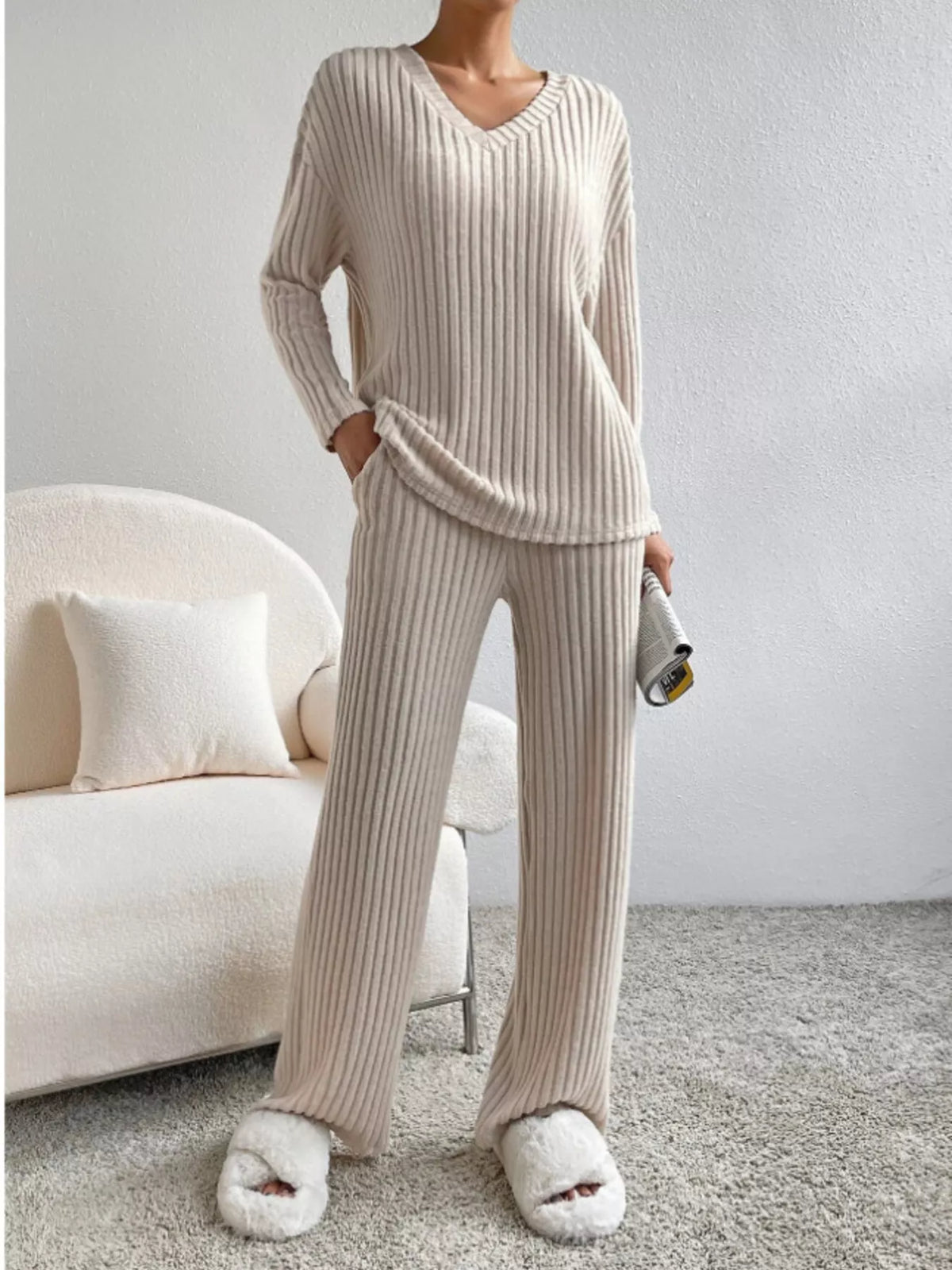 Ribbed Knit Long Sleeve Top Pants Set