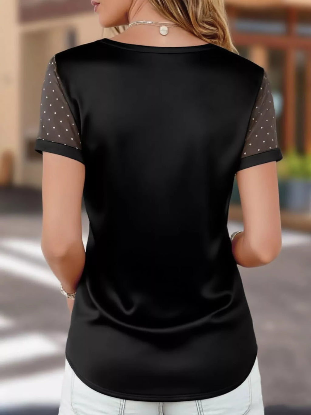 Satin V-neck Sheer Short Sleeve Top (2)