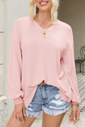 Waffle-knit V-neck Long Sleeve Top