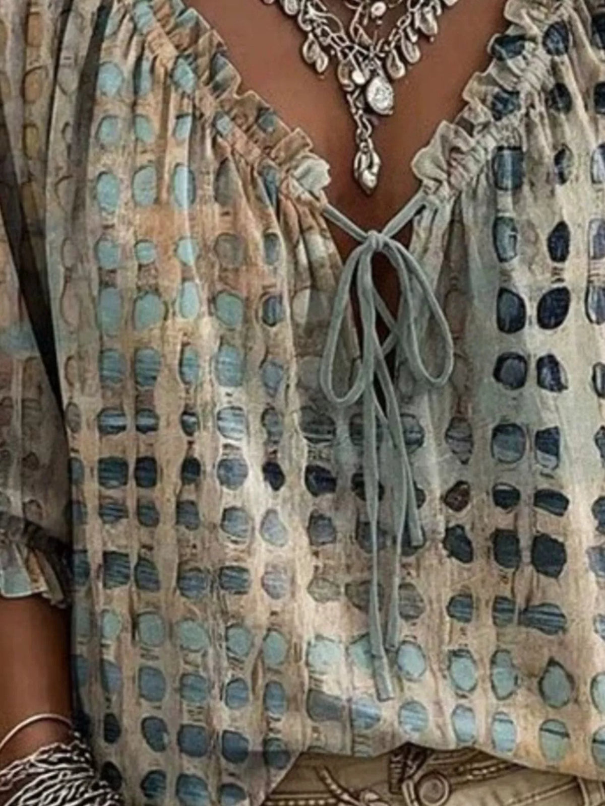 Full Size Tie Neck 3/4 Sleeve Blouse Plus (2)