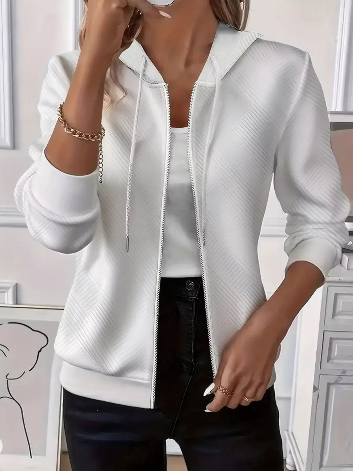 Texture Zip-up Hoodie Drawstring