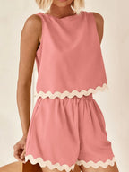 Contrast Trim Round Neck Top Shorts Set (12)