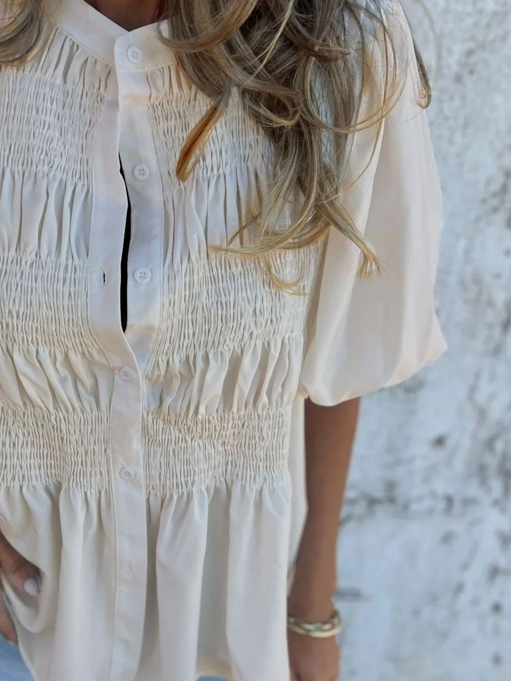 Full Size Smocked Button Front Puff Sleeve Shirt Plus (10)