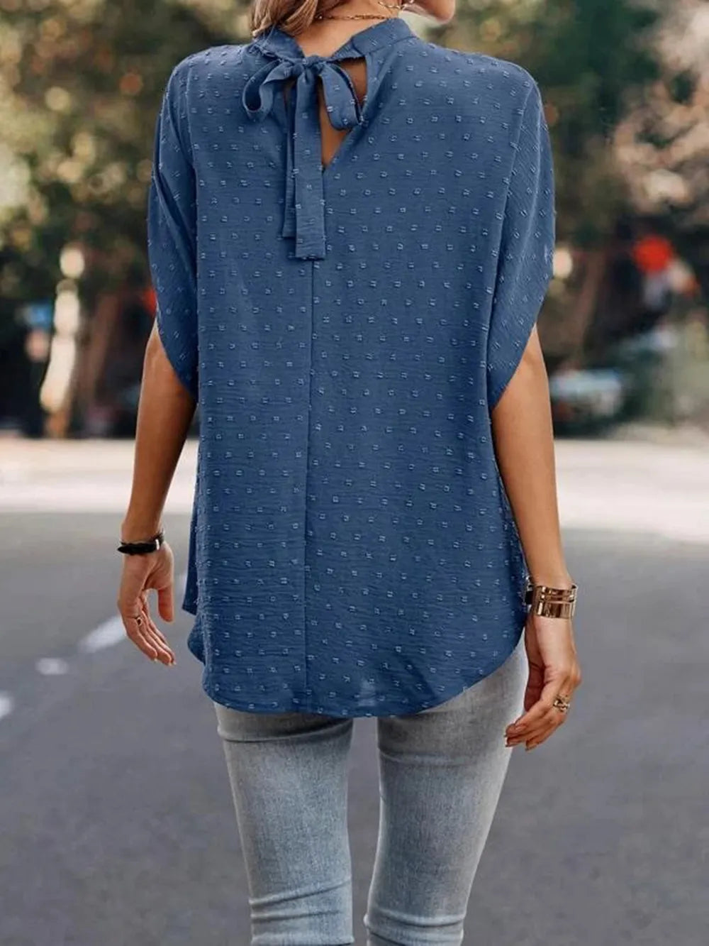 Swiss Dot Mock Neck Half Sleeve Blouse (14)