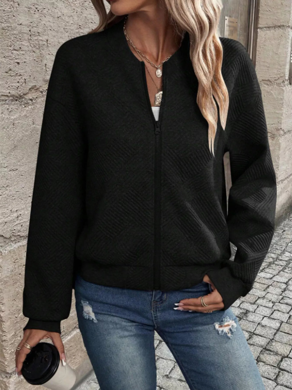 Textured Knit Zip-up Bomber Jacket (14)