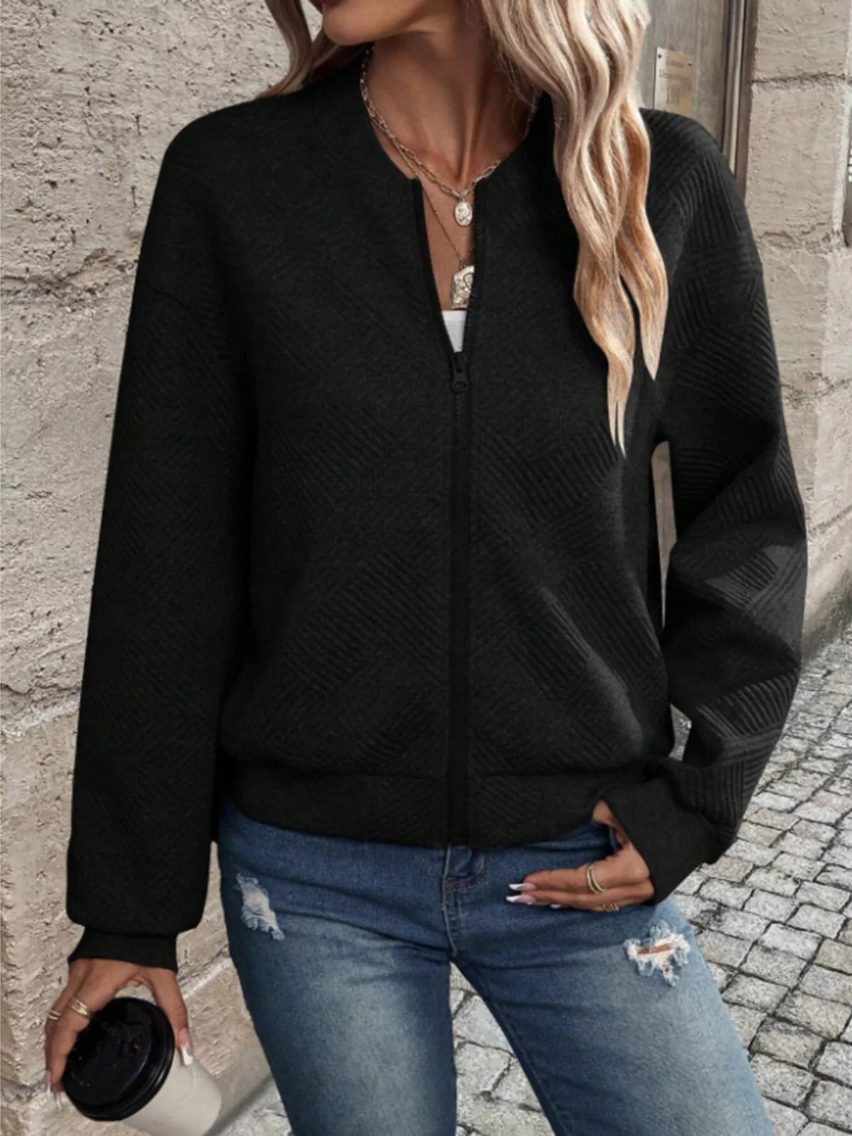 Textured Knit Zip-up Bomber Jacket (14)
