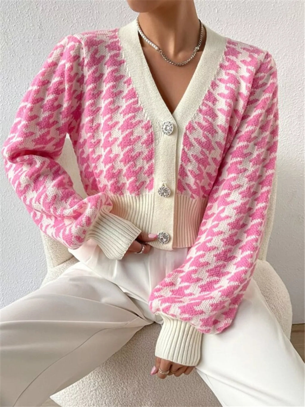 Houndstooth V-neck Button Up Cardigan (4)