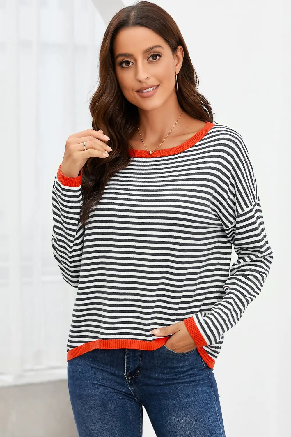 Striped Round Neck Drop Shoulder T-shirt (11)
