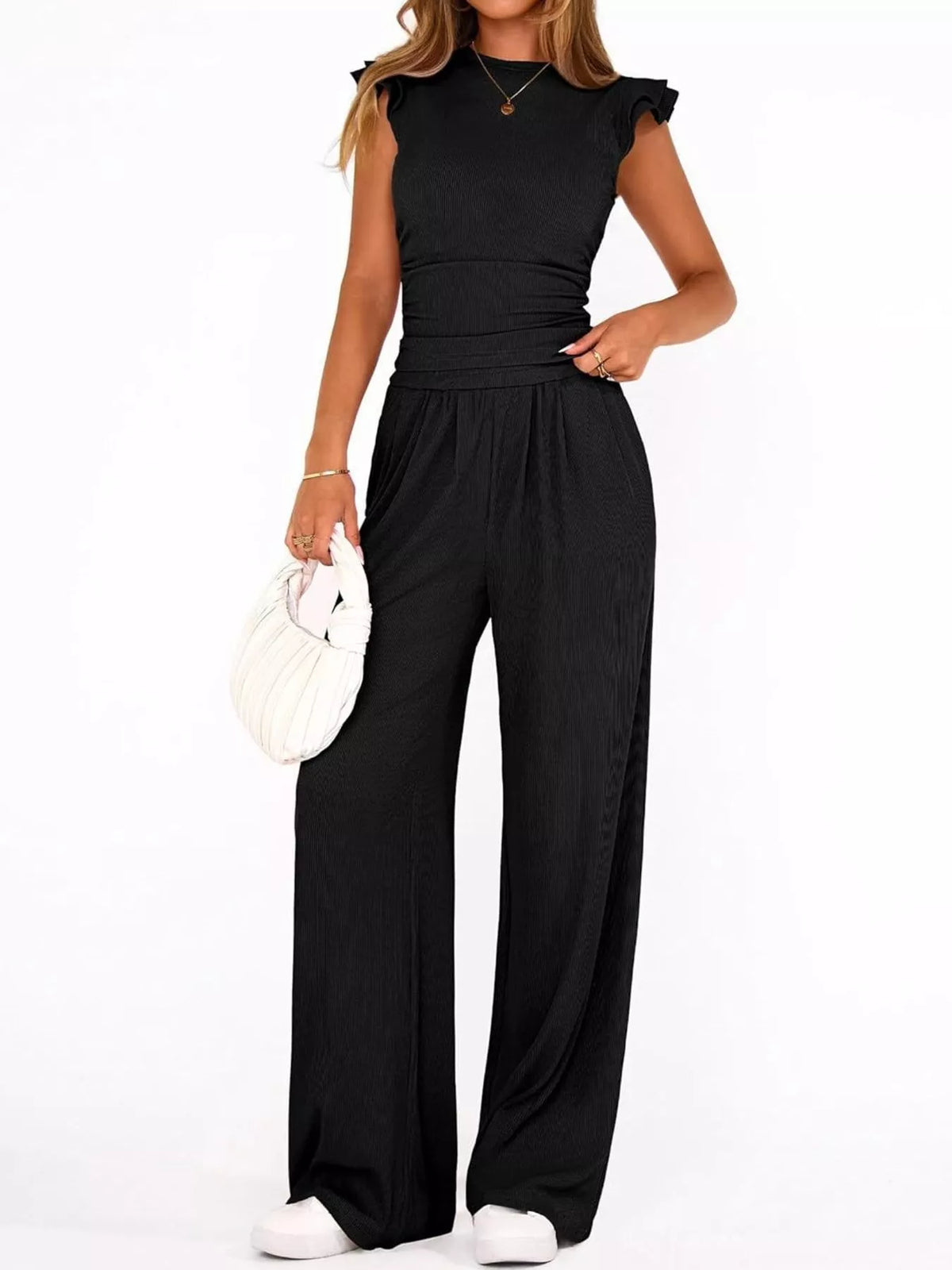 Ruffled Mock Neck Top Wide Leg Pants Set (4)