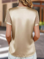 Polka Dot Mesh Sleeve Satin Short Sleeve Top (8)