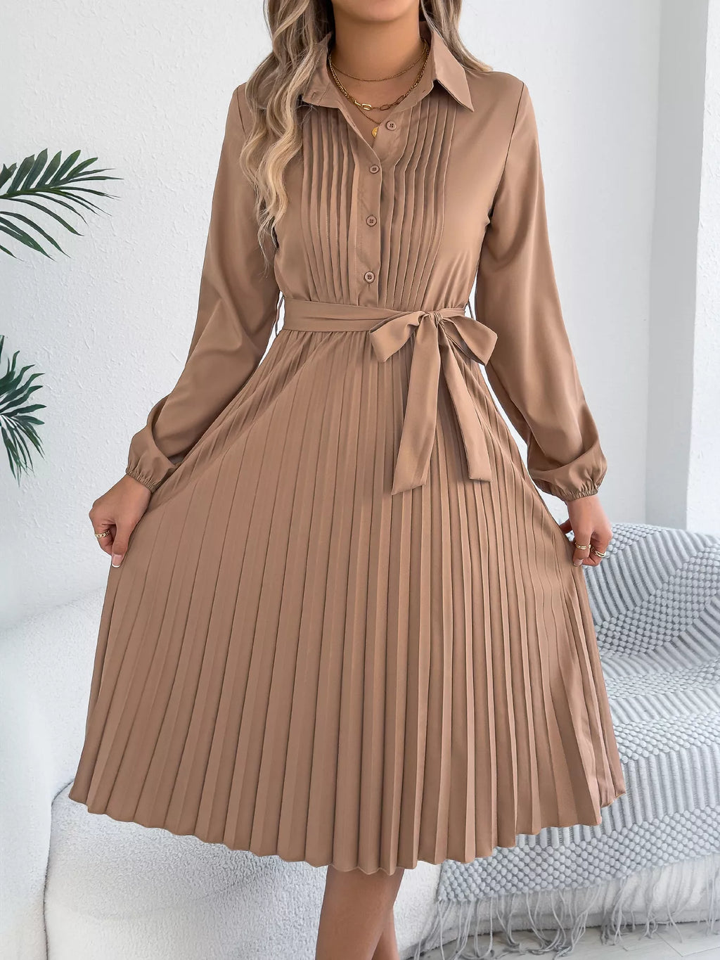 Pleated Tie Waist Balloon Sleeve Dress (4)