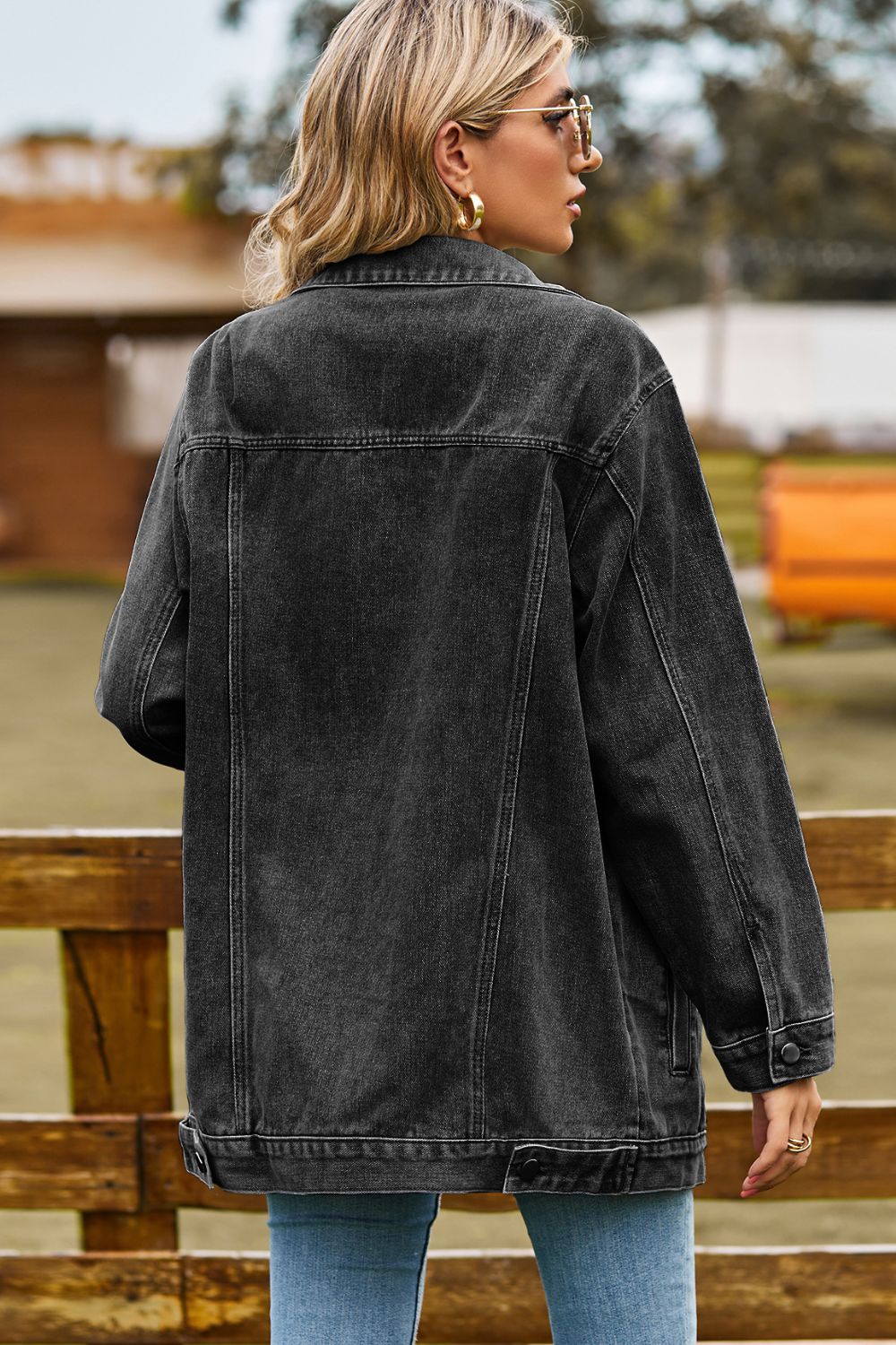 Buttoned Collared Neck Denim Jacket Pockets (9)