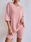 Striped Round Neck Top Shorts Set