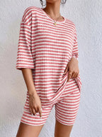 Striped Round Neck Top Shorts Set