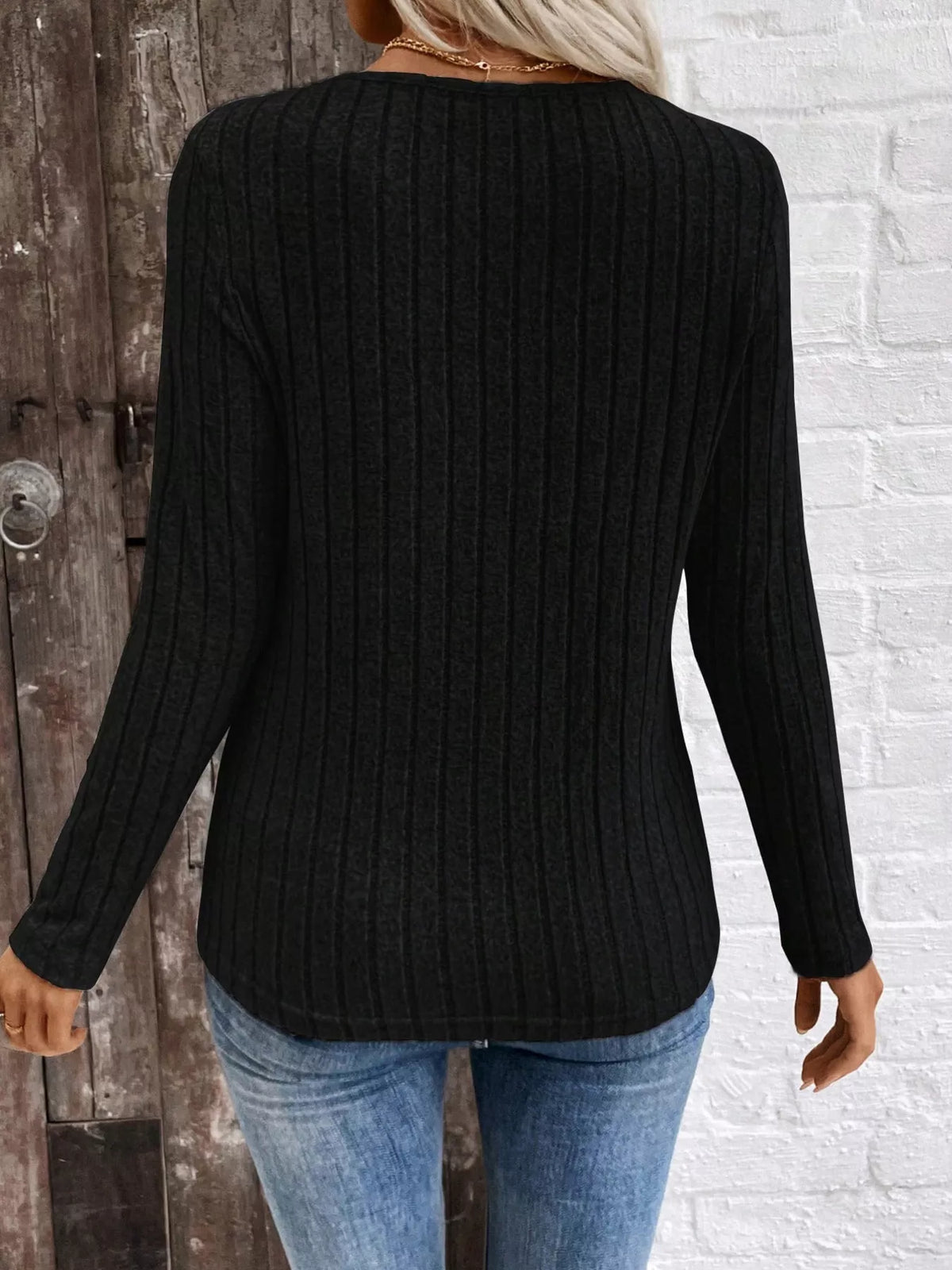 Ribbed V-neck Long Sleeve T-shirt (15)