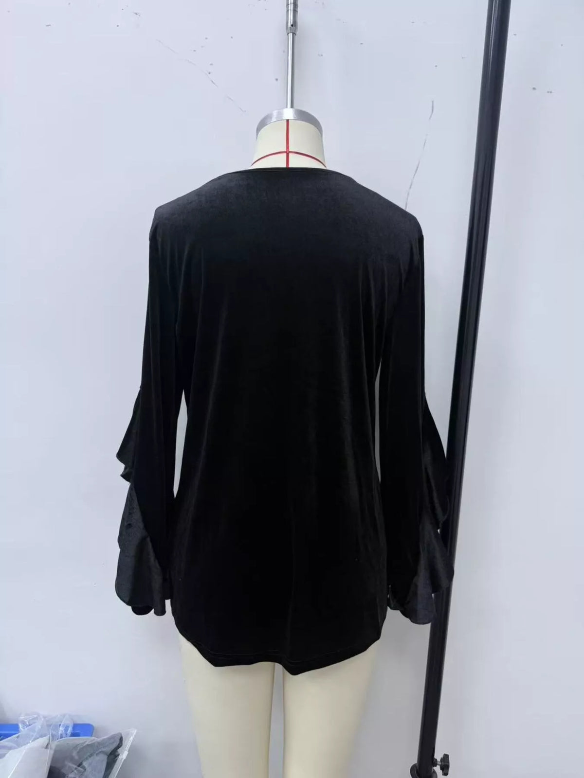 Velvet Round Neck Ruffle Sleeve Top (6)