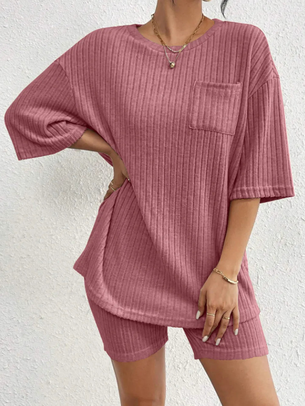 Ribbed Round Neck Top Shorts Set (24)