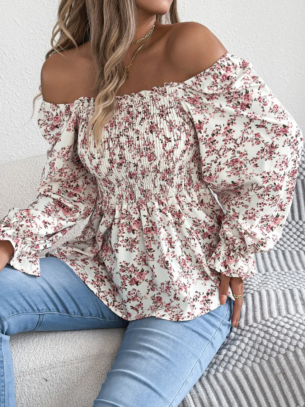 Floral Square Neck Flounce Sleeve Blouse (18)