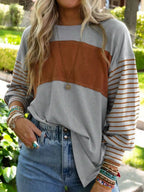 Round Neck Striped Long Sleeve Slit T-shirt (4)