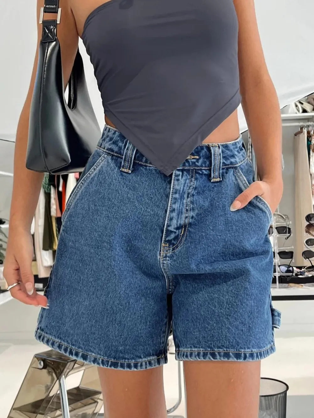 Washed High Rise Denim Shorts (7)