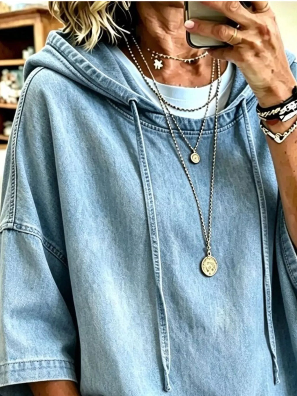 Full Size Oversized Washed Denim Hoodie Top Plus (2)