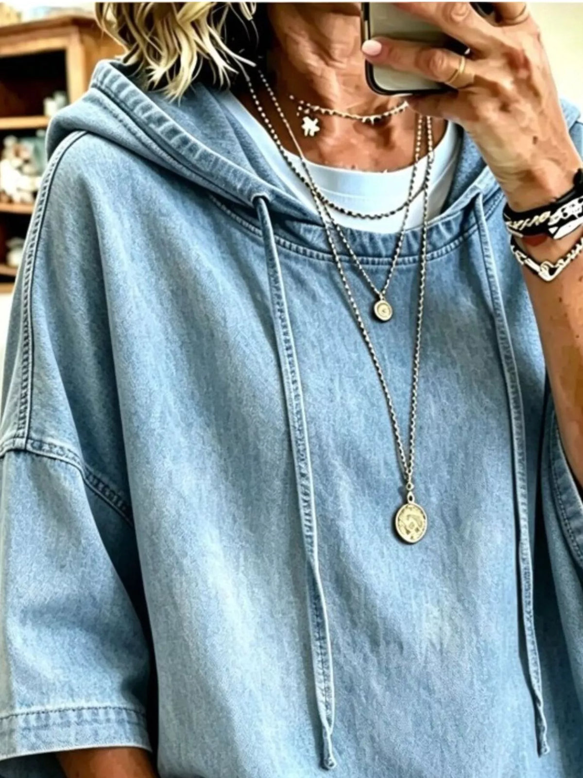 Full Size Oversized Washed Denim Hoodie Top Plus (2)