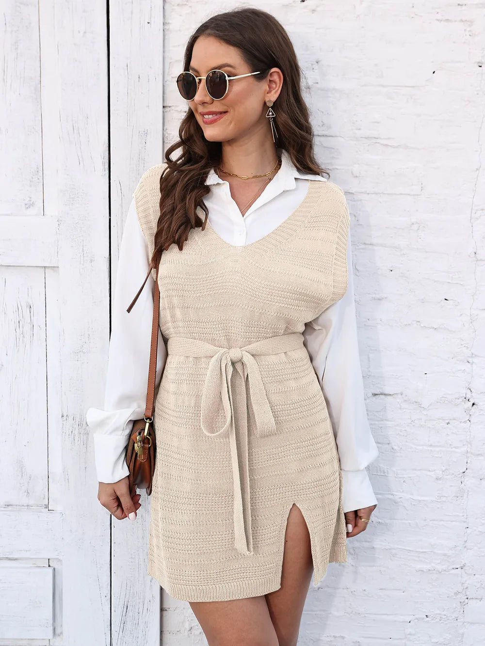 Tie Front V-neck Sleeveless Slit Sweater Dress (15)