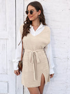 Tie Front V-neck Sleeveless Slit Sweater Dress (15)