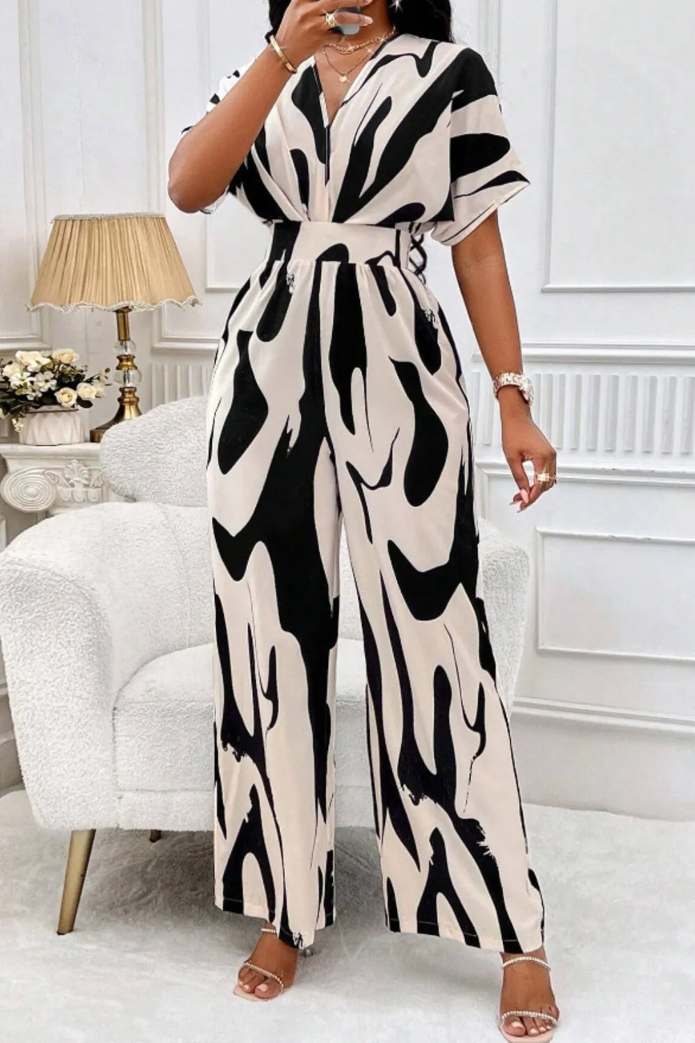 Printed V-neck Short Sleeve Wide Leg Jumpsuit (3)