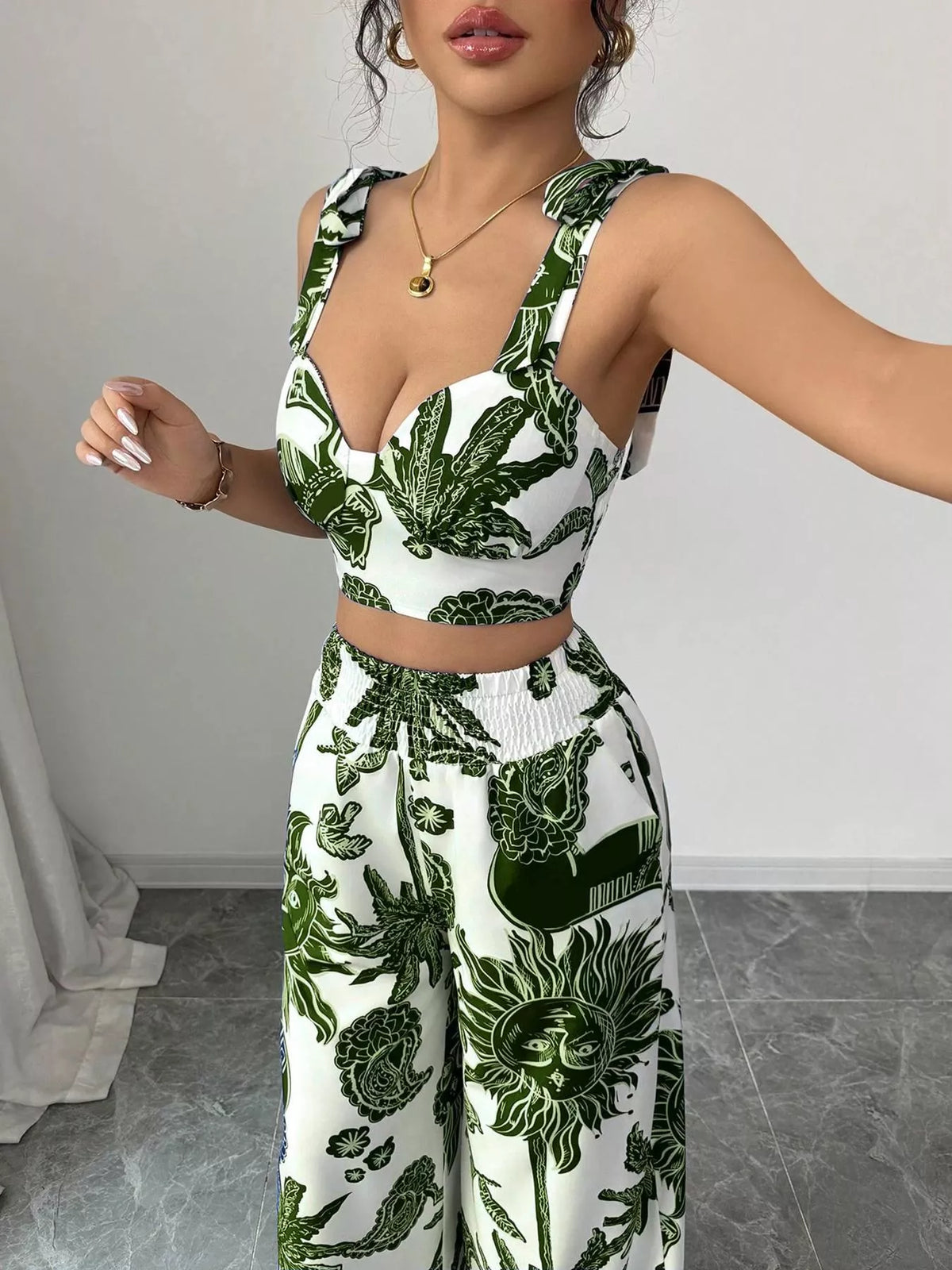 Floral Print Crop Top Wide Leg Pants Set (10)
